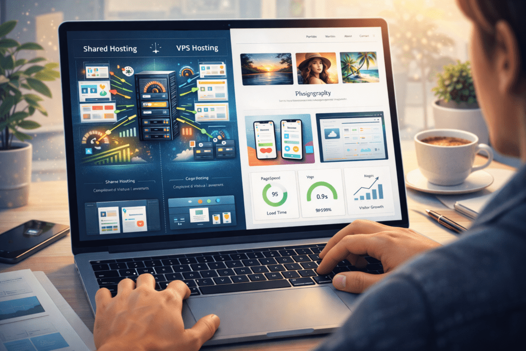 Developer reviewing portfolio website performance and hosting options