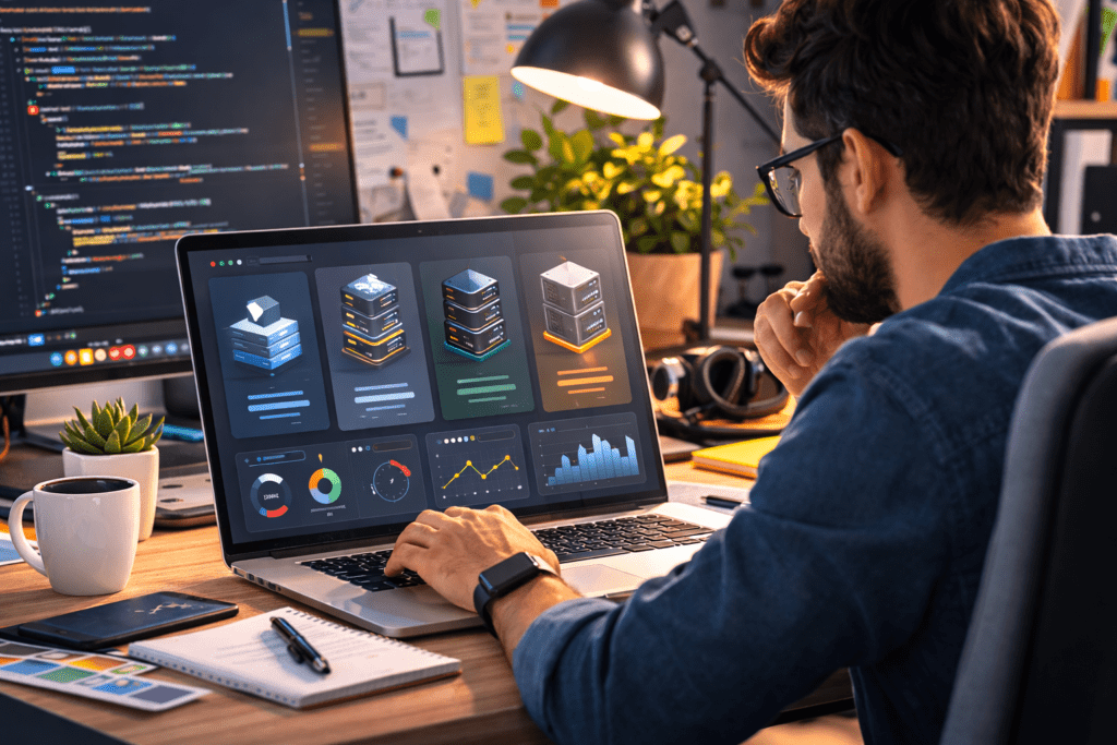 Developer analyzing VPS hosting dashboard and server performance metrics