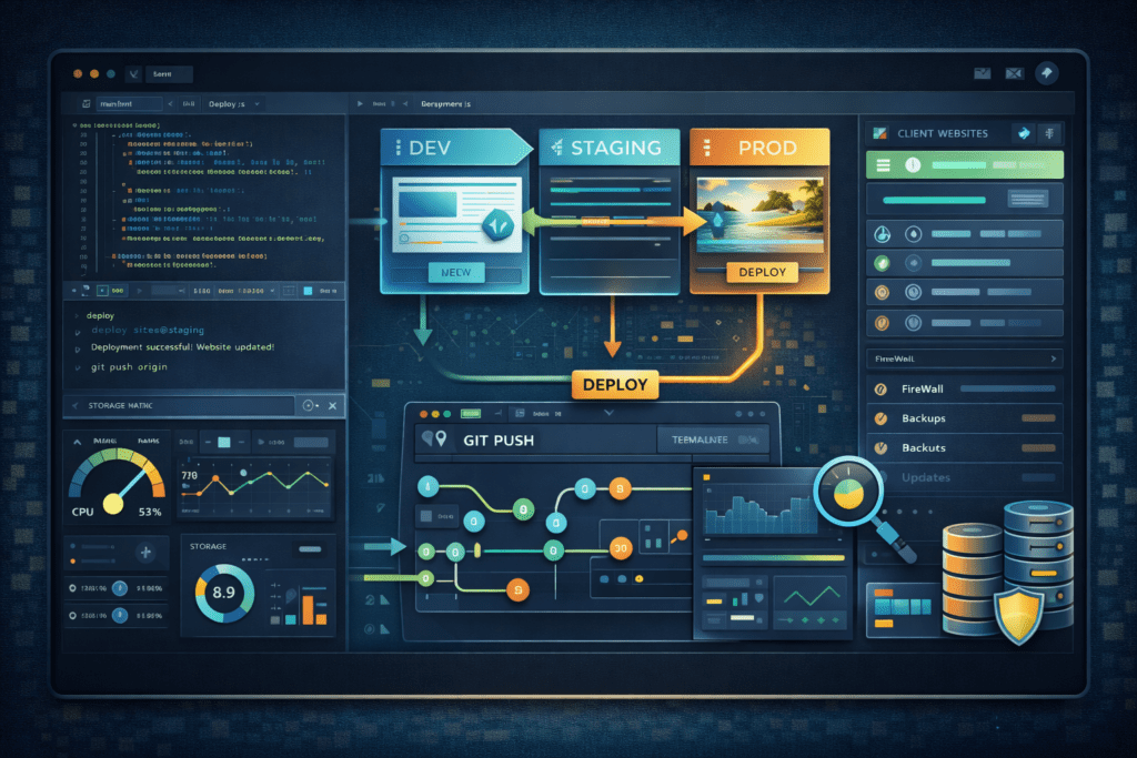 Development pipeline showing dev, staging, and production deployment workflow