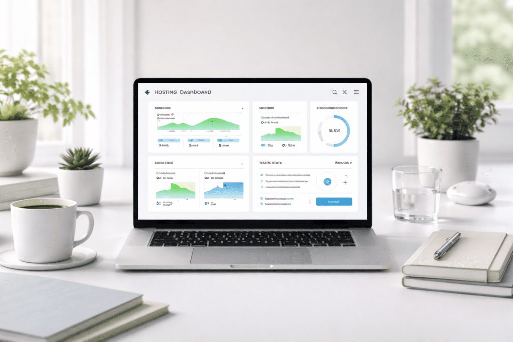 web hosting dashboard on laptop showing analytics uptime and server monitoring tools