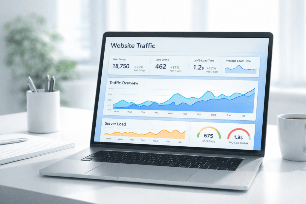 hosting scalability website traffic dashboard analytics visitors load time server performance