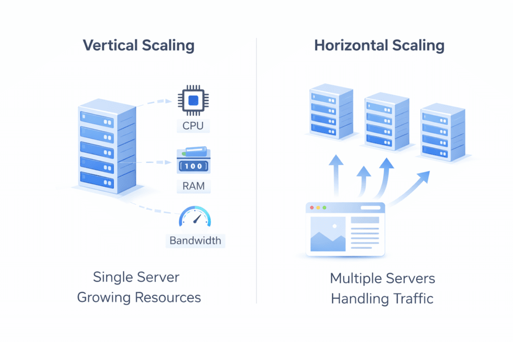 hosting scalability vertical vs horizontal scaling single server multiple servers comparison