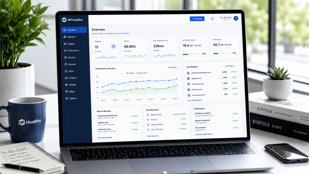 WP Engine Review hosting dashboard showing website performance uptime and backups