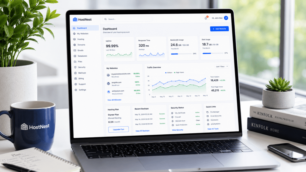 InterServer Review hosting dashboard showing uptime bandwidth and website analytics