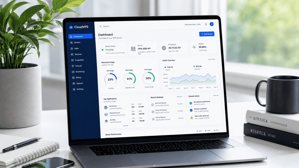 ScalaHosting review VPS dashboard showing server uptime resource usage and traffic analytics