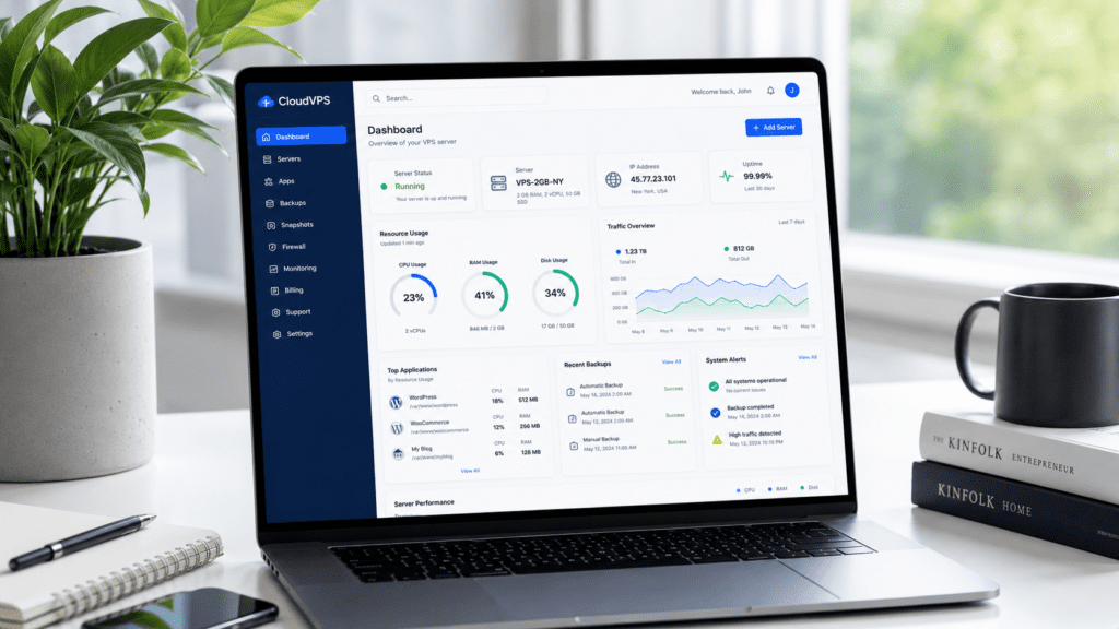 ScalaHosting review VPS dashboard showing server uptime resource usage and traffic analytics
