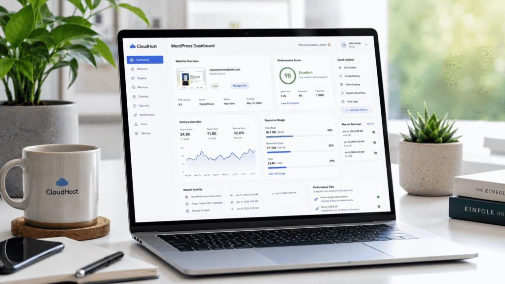 GreenGeeks Review hosting dashboard showing website analytics performance and resource usage