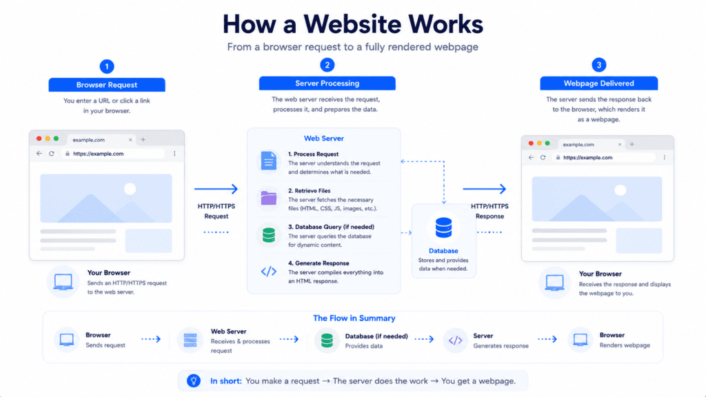 how a website works infographic showing browser server database and webpage delivery