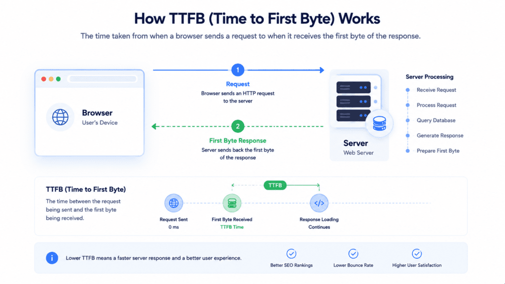 how TTFB works diagram explaining server response time and first byte process