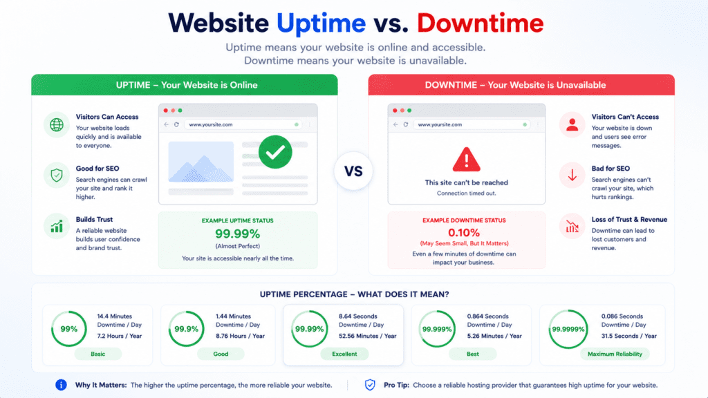 website uptime vs downtime infographic explaining availability and website outages