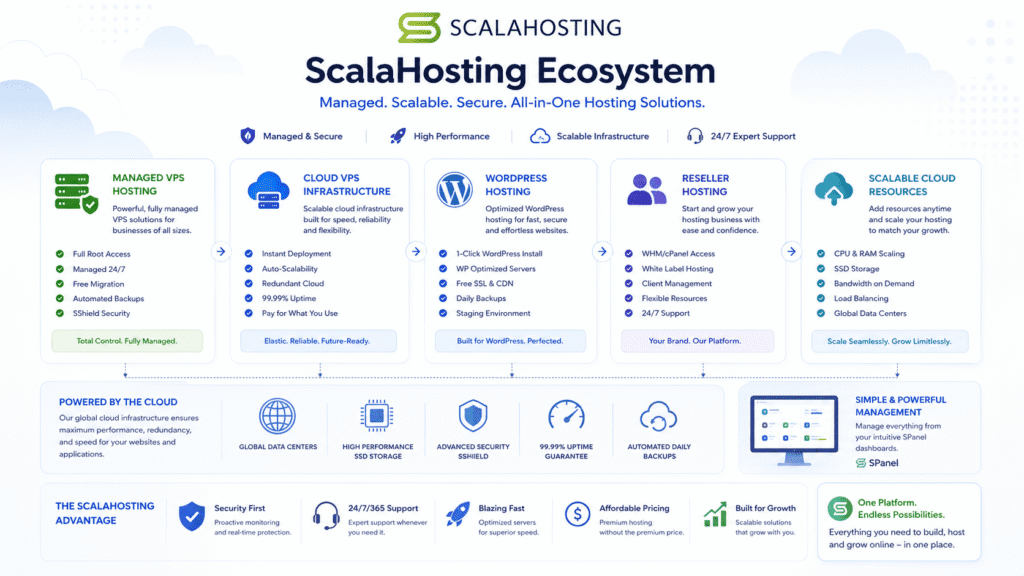ScalaHosting ecosystem infographic showing managed VPS cloud hosting and WordPress hosting
