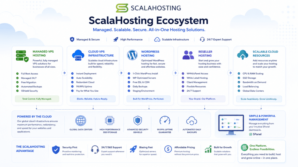 ScalaHosting ecosystem infographic showing managed VPS cloud hosting and WordPress hosting