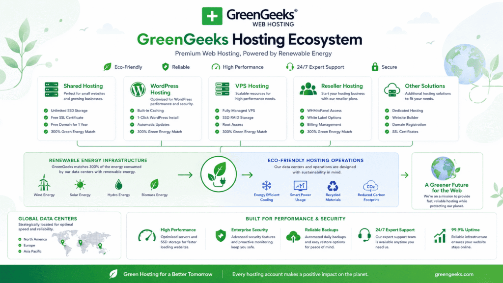 GreenGeeks hosting ecosystem infographic with shared WordPress VPS and reseller hosting