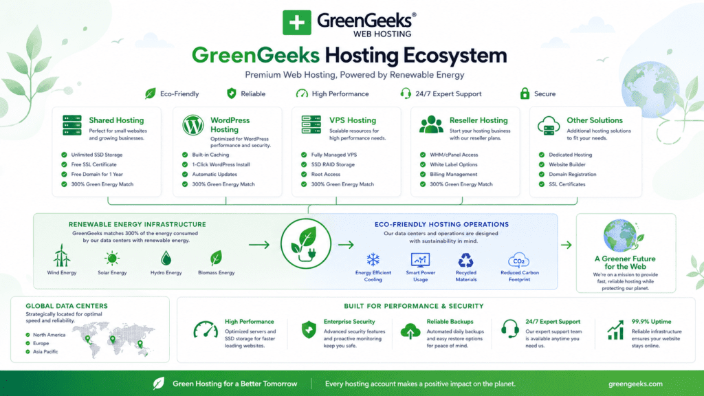 GreenGeeks hosting ecosystem infographic with shared WordPress VPS and reseller hosting
