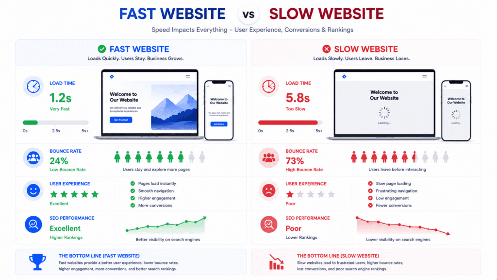 fast website vs slow website comparison showing loading speed and SEO impact