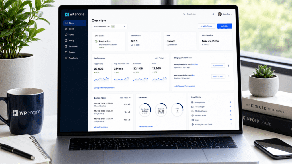 WP Engine dashboard showing staging backups and website management tools