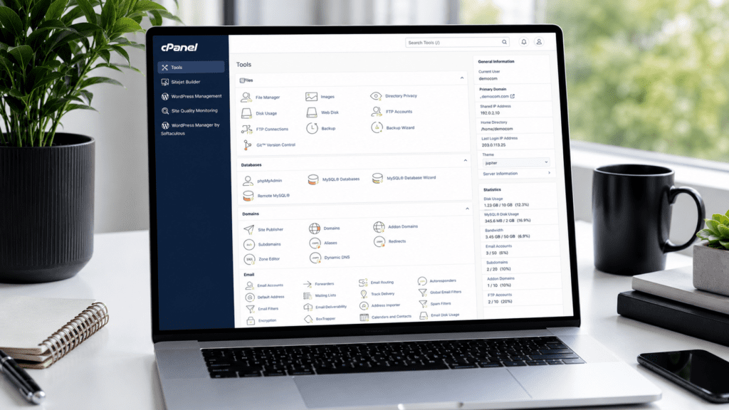 InterServer cPanel dashboard with website management tools and databases