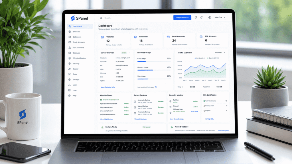 ScalaHosting SPanel dashboard with website databases backups and security management