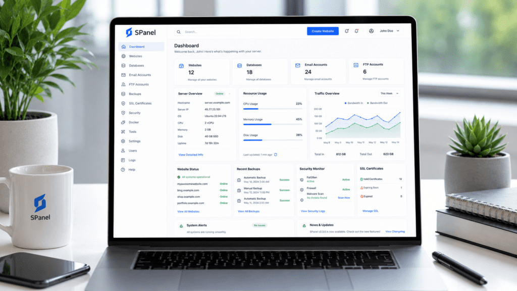 ScalaHosting SPanel dashboard with website databases backups and security management