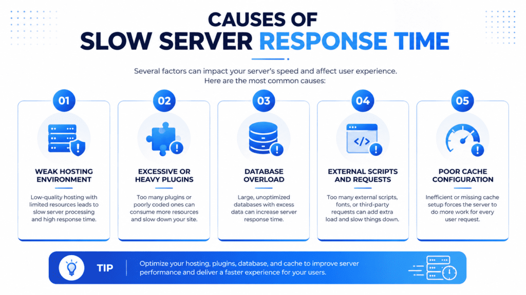 causes of slow server response time infographic with hosting plugins database and cache issues