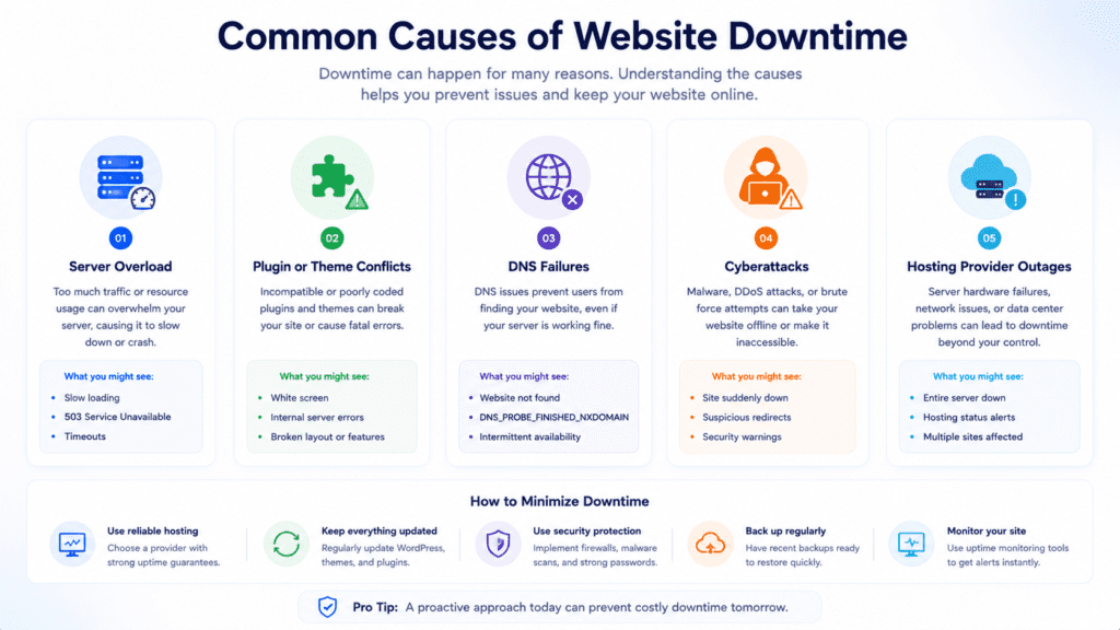 common causes of website downtime infographic with server and DNS issues