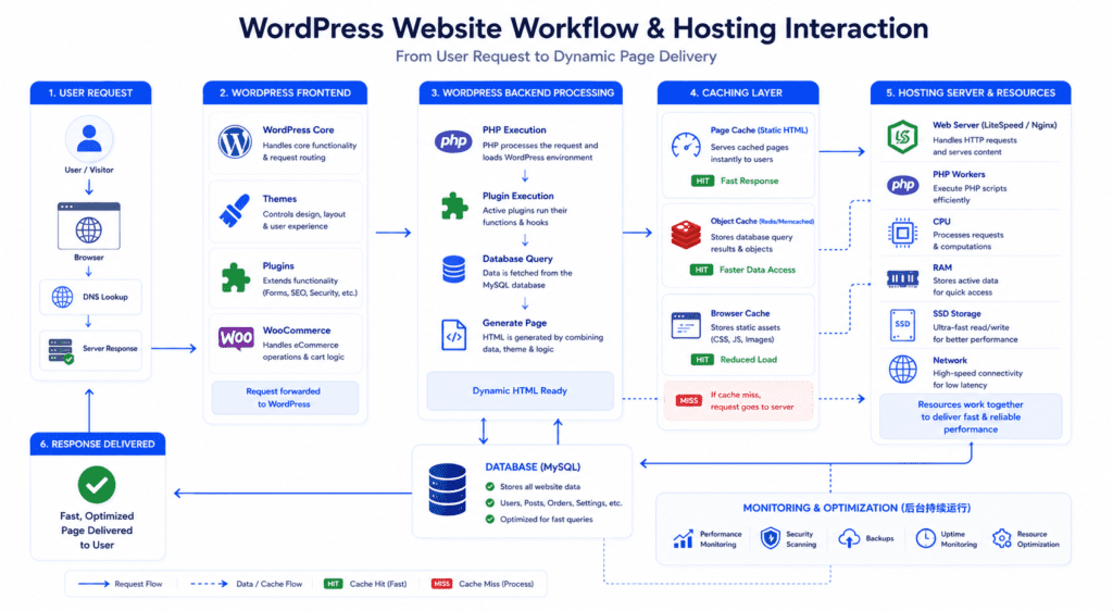 WordPress hosting workflow infographic with caching database and server resources