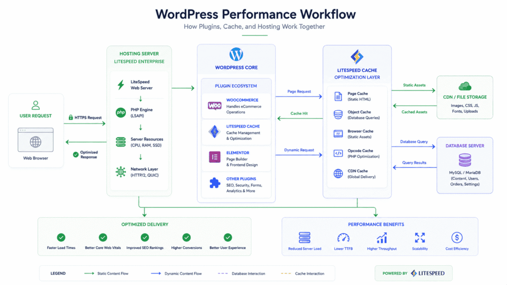WordPress performance workflow with LiteSpeed cache CDN and database optimization