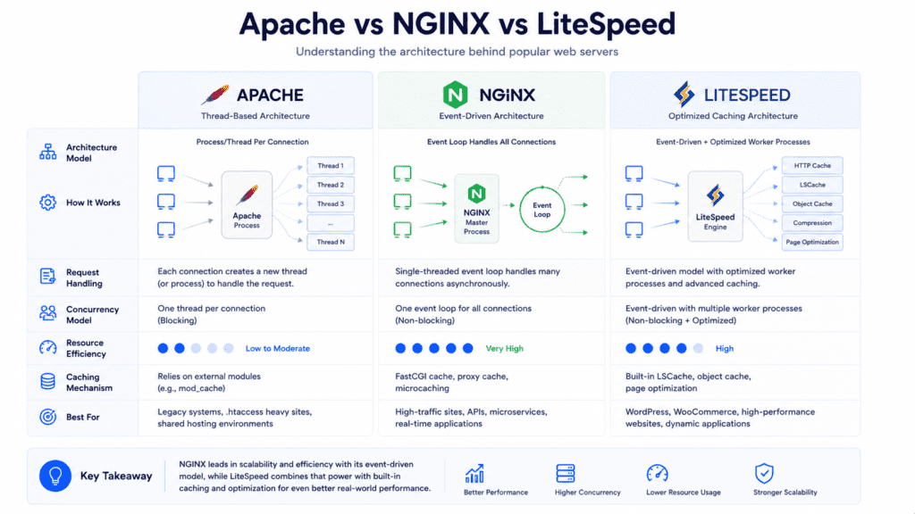 Apache vs NGINX vs LiteSpeed architecture comparison infographic