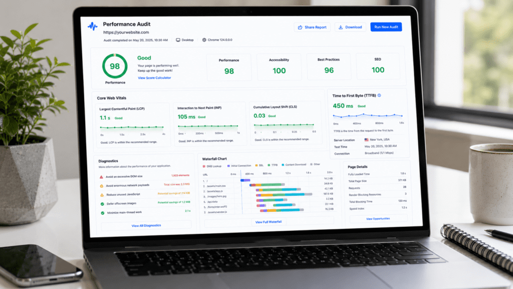website performance audit showing core web vitals TTFB and optimization insights