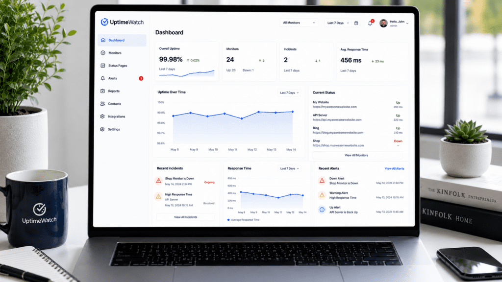 website uptime monitoring dashboard with downtime alerts and response time tracking