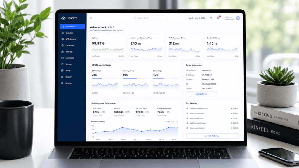ScalaHosting VPS performance dashboard with uptime response time and bandwidth usage