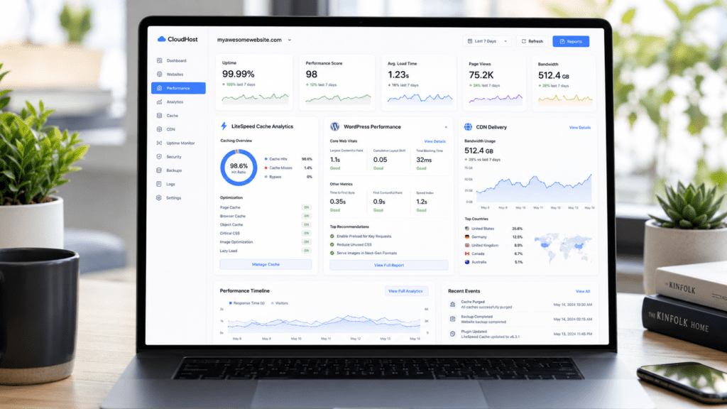 GreenGeeks website performance dashboard with cache analytics and CDN delivery