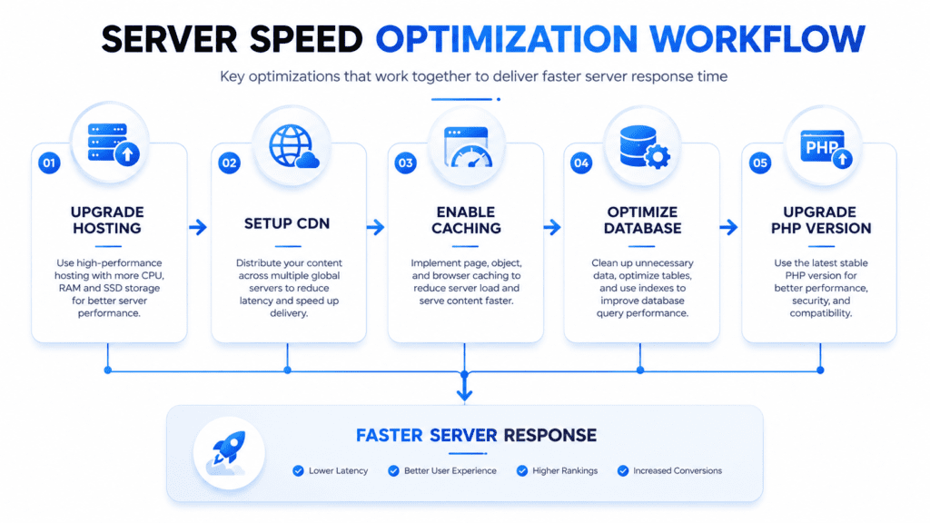 server speed optimization workflow showing CDN caching database and PHP optimization