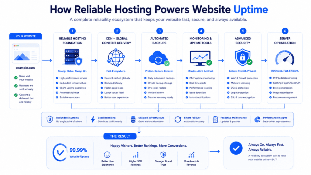 reliable hosting infrastructure infographic improving website uptime and performance