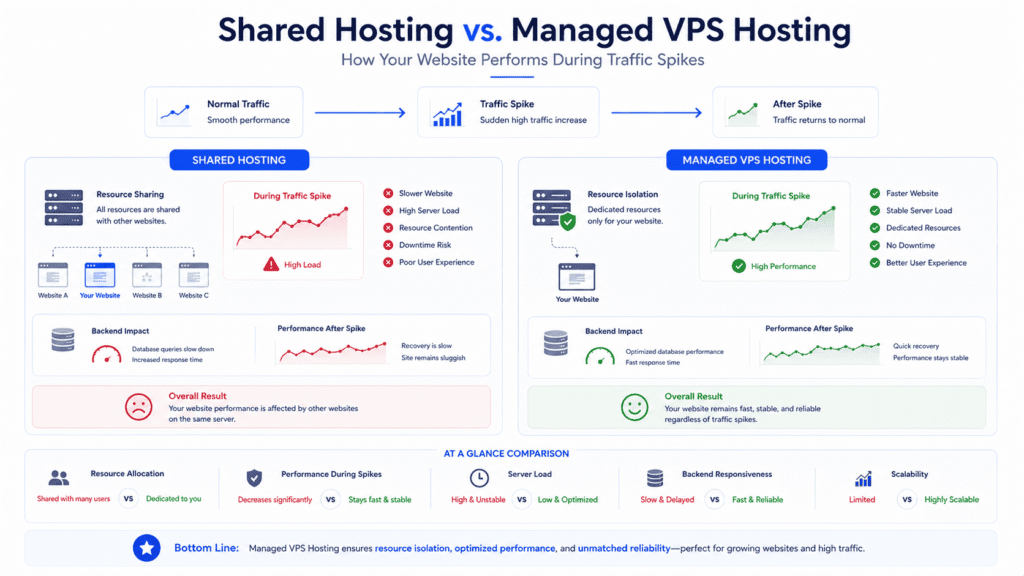 Shared hosting vs managed VPS hosting performance comparison infographic