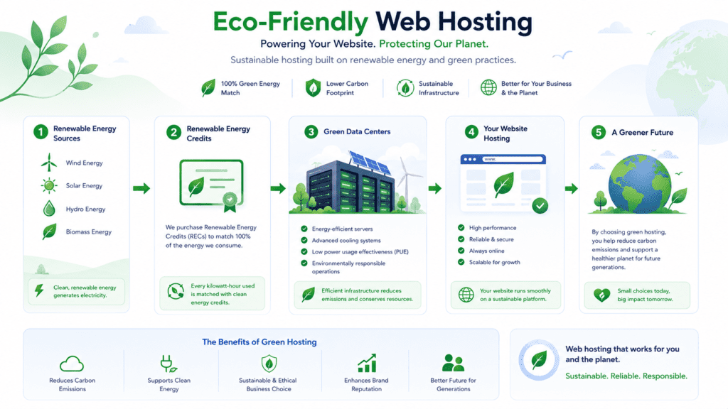 Eco-friendly web hosting infographic showing renewable energy and green data centers