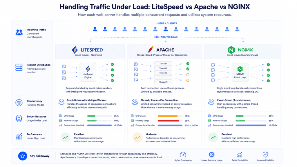 LiteSpeed vs Apache vs NGINX handling traffic under load comparison