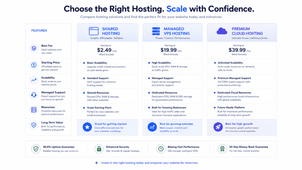 ScalaHosting pricing comparison for shared managed VPS and premium cloud hosting