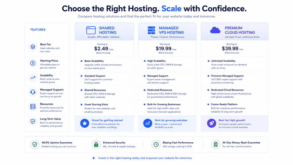 ScalaHosting pricing comparison for shared managed VPS and premium cloud hosting
