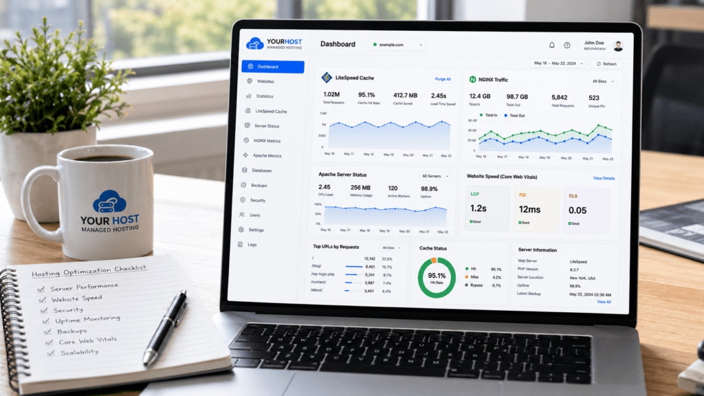managed hosting optimization dashboard with server performance checklist
