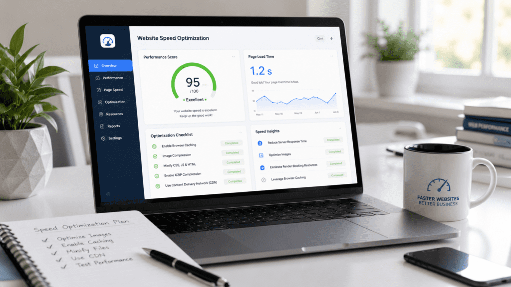 website speed optimization dashboard showing caching CDN and page speed improvements