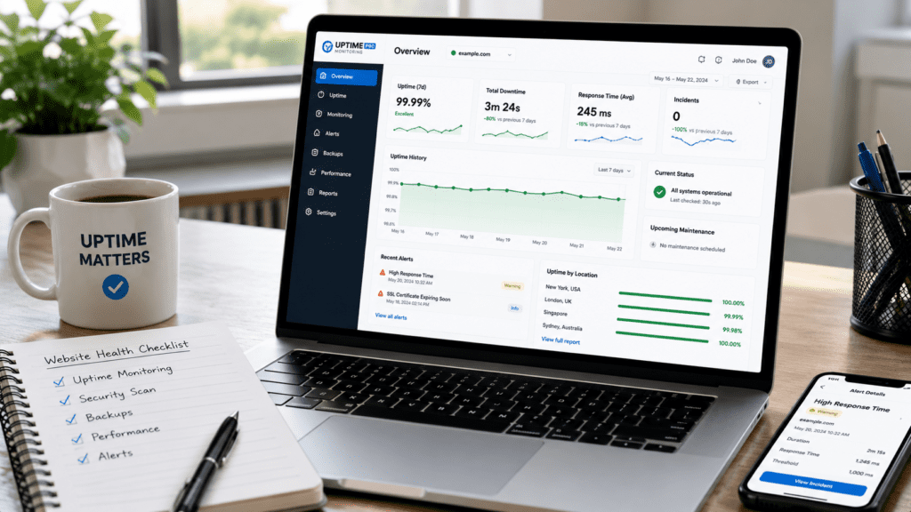 website health monitoring dashboard with uptime checklist and alerts