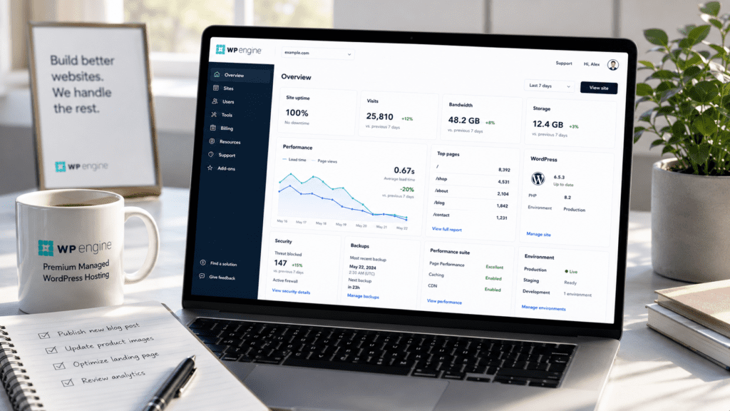 WP Engine managed WordPress hosting dashboard with real world performance analytics
