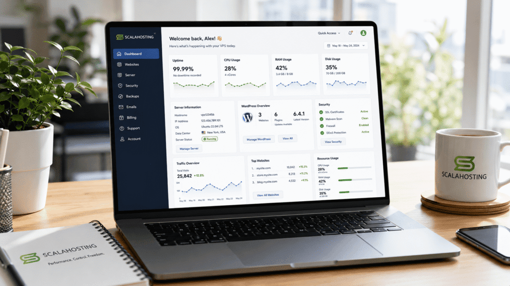 ScalaHosting VPS dashboard with website analytics and server monitoring