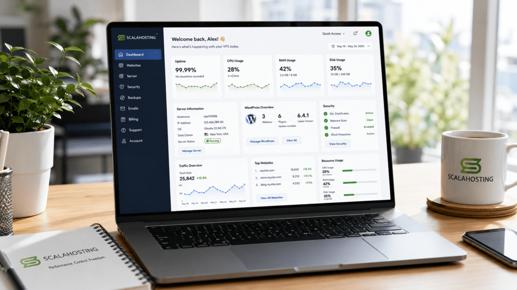 ScalaHosting VPS dashboard with website analytics and server monitoring