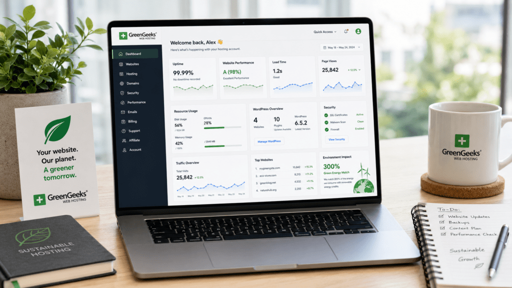 GreenGeeks hosting dashboard with sustainability branding and website performance monitoring
