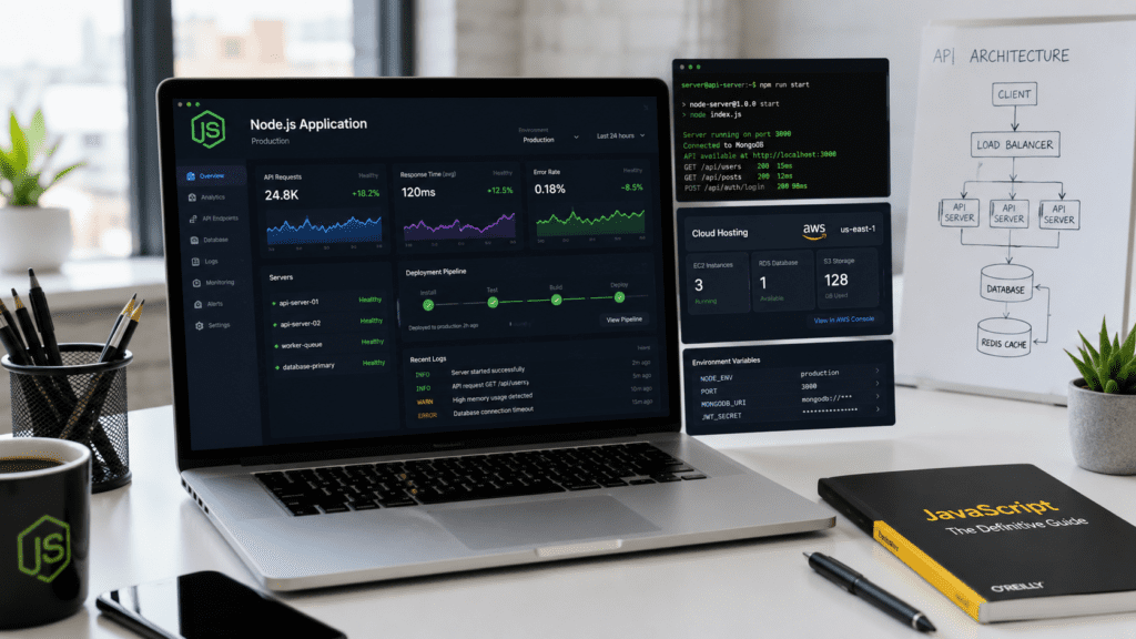 Node.js hosting dashboard showing API monitoring deployment pipeline and cloud infrastructure
