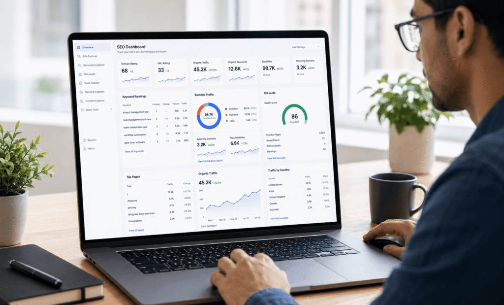 Professional digital marketer analyzing an SEO analytics dashboard on a laptop, comparing Ahrefs vs Alexa capabilities.