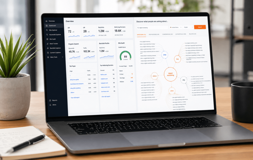 Laptop screen comparing Ahrefs Vs Answer The Public in a modern workspace.
