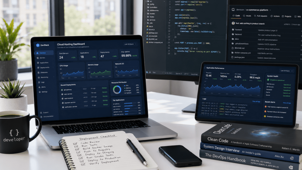 Hosting for Web Developers dashboard displaying deployments server monitoring and application performance metrics
